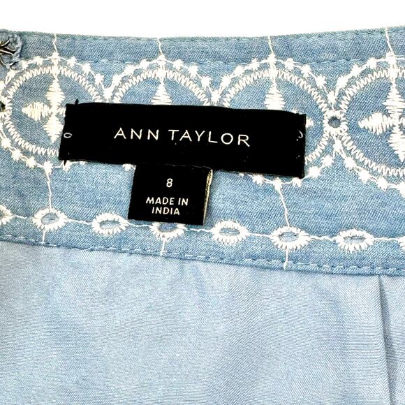 Ann Taylor Embroidered Chambray Tie Waist Pencil Skirt Eyelet Women 8 Side Slits - Picture 13 of 15